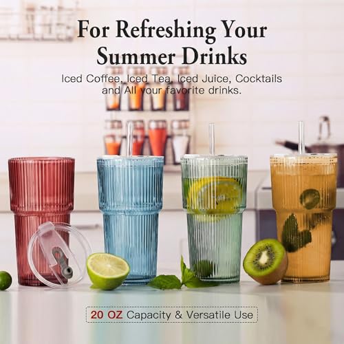 6PCS Ribbed Glass Cups with Lids and Straws (Colored-6)