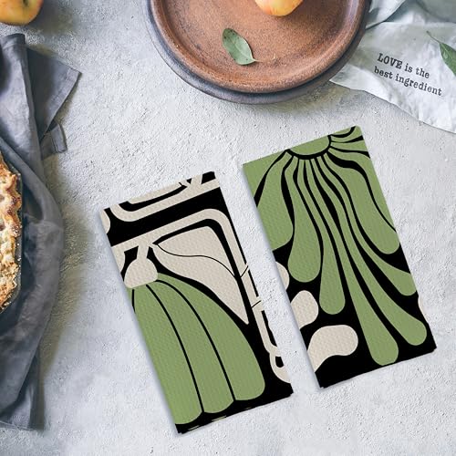 Abstract Boho Green and Beige Floral Kitchen Towels Set of 2 (Boho Green / Casual)