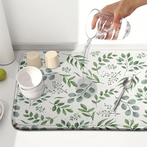 Sage Green Dish Drying Mat 16x18 In Absorbent Reversible Eucalyptus Leaves Plant Drying Mat Green Plant Dish Drying Rack Mat Spring Summer Themed Dish Drainer Mat for Kitchen Counter Coffee Bar (Sage Green / 16" x 18")