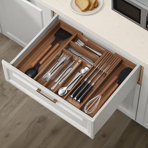 Expandable Bamboo Silverware Organizer with Knife Block (Brown / Large)