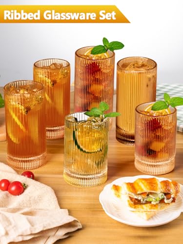 Amber Glassware Ribbed Drinking Glasses Set of 8 (Amber Ribbed Glassware 8pcs / 8pcs)
