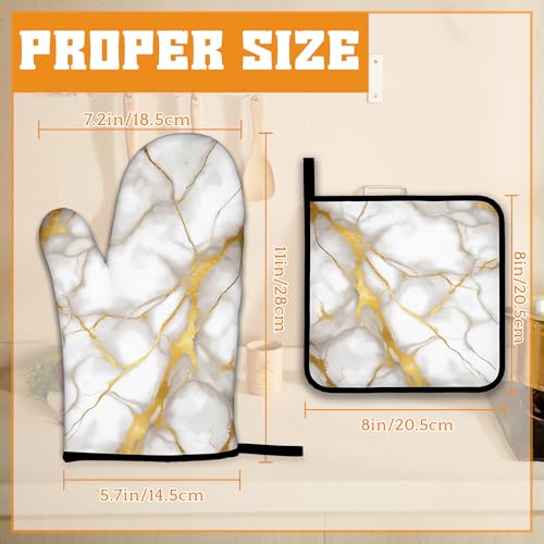 Marble Oven Mitts and Pot Holders Set (Marble White Gold Flowing Marble)