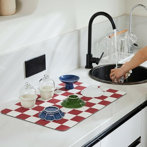 Checkered Dish Drying Mat for Kitchen Counter (Red / 24" x 16")