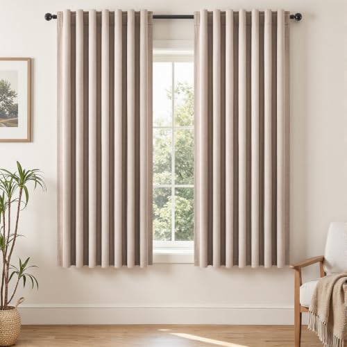 72 Inch Blackout Curtains for Bedroom Heat Blocking Linen Blended Energy Efficient Insulated Boho Farmhouse Cabin Closet Natural Beige Bay Windows Drapes 2 Panels Set Back Tab (Natural Beige / 52"W x 72"L (Pack of 2))