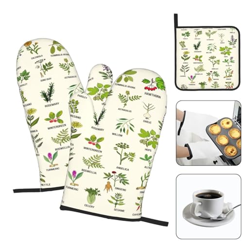 Cute Herbs Botanic Garden Plants Oven Mitts and Pot Holders Sets Heat Resistant for Kitchen BBQ Microwave Baking Grilling Cooks Set of 3 Kitchen Oven Glove (Cute Herbs)