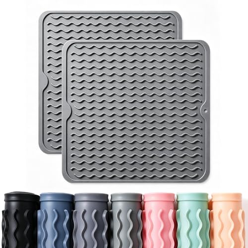 2 Pack Caketime Silicone Dish Drying Mat for Kitchen Counter Coffee Bar Accessories Heat Resistant Waterproof Dining Under Sink Organizers Utensil Holder Decor Must Haves 12"x12" Gray (Gray / 12"*12")