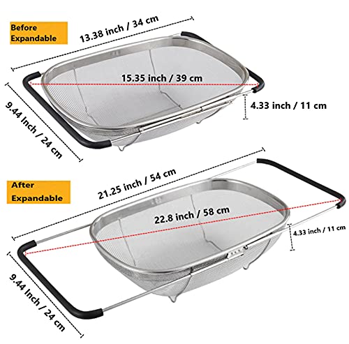 Over The Sink Stainless Steel Oval Colander with Expandable Rubber Grip Handles Strainers