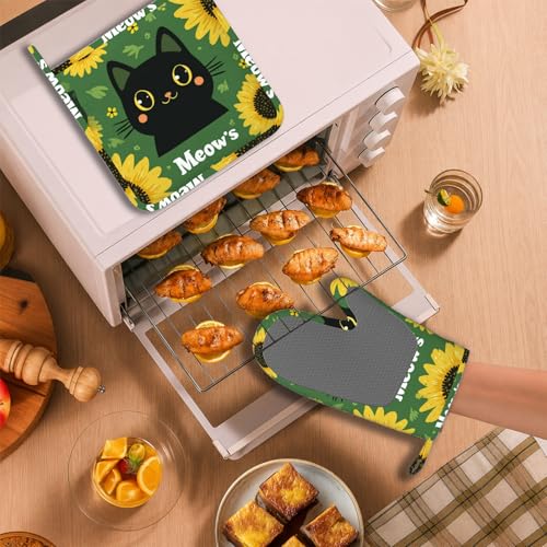 Black Cat Oven Mitts and Pot Holders Sets Cartoon Sunflower Silicone Heat Resistant Kitchen Oven Gloves Pot Holder for Cooking Baking Grilling BBQ (Black Cat)