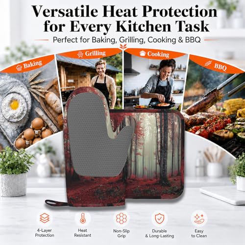 Forest Oven Mitts and Pot Holders Sets Red Trees Landscape Silicone Heat Resistant Kitchen Oven Gloves Pot Holder for Cooking Baking Grilling BBQ (Forest)