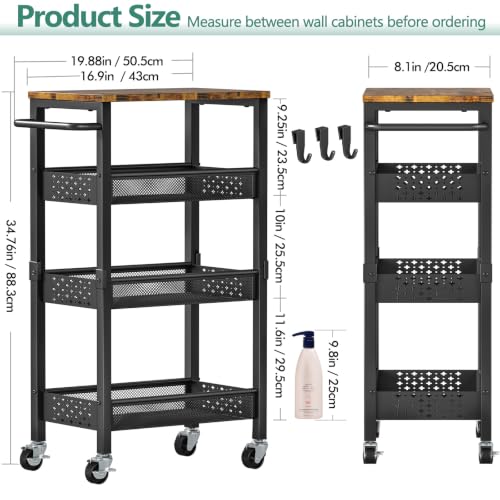 4 Tier Laundry Utility Rolling Cart with Wheels (Black / 8.1 inch wide)