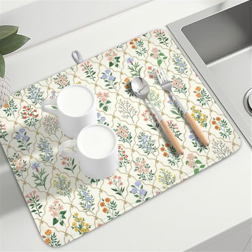 Floral Dish Drying Mat for Kitchen Counter Spring Summer Wild Flowers Diamond Pattern Microfiber Dish Drainer Mat Rustic Absorbent Washable Drying Pad Extra Large 18"x24" (Spring Summer Floral / 24" x 18")