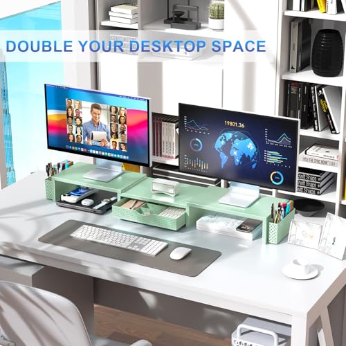 Dual Monitor Stand Riser With Drawer and 2 Pen Holders (Sage Green)