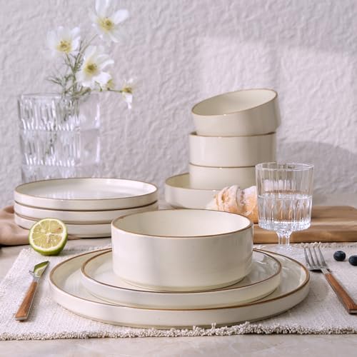 Nebula 16 Piece Stoneware Dinnerware Set with Pasta Bowls (Vanilla White with Brown Rim / Service for 4 (Include Pasta Bowls))