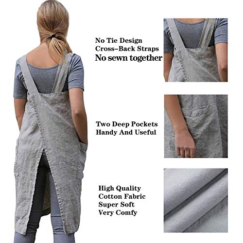 Cotton Linen Apron for women Cross Back Apron Pinafore Dress for Baking Cooking Gardening Work (Brown / Small)