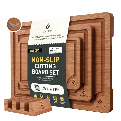 3 Packs Bamboo Cutting Board Set with Non Slip Feet Holder and Over Sink Nice Solid Thick Wood Juice Groove Chopping Board Extra Large Big Small Best Hardwood Kitchen Organic Vegetable Meat BBQ Kit (3 Pack with Holder / Brown)