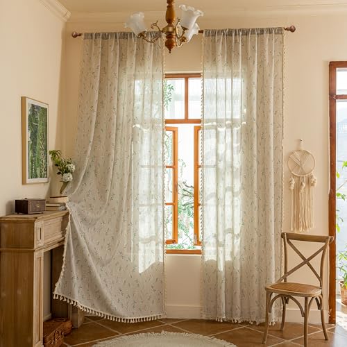 Boho Floral Linen Curtains 63 Inch Length 2 Panels Farmhouse Bohemian Spring Patterned Semi Sheer Drapes with Tassels Back Tab for Living Room Bedroom (Blue and Orange / 50"W x 63"L (Pack of 2))