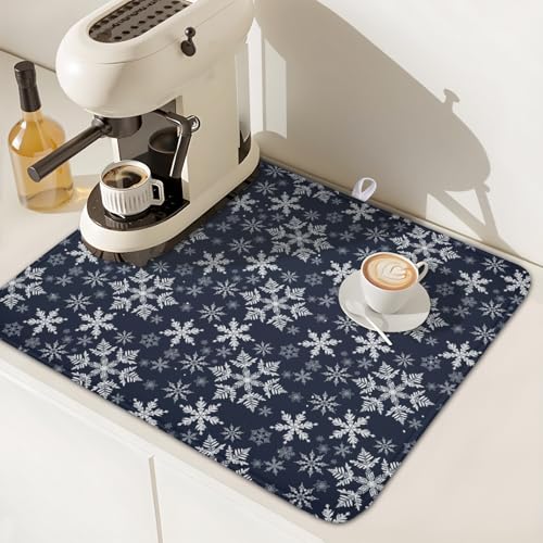 Christmas Dish Drying Mat for Kitchen Counter 18x16 Inch Xmas Snowflake Drying Mat with Absorbent Reversible Microfiber Blue Dish Drainer Mats Rack Pad for Coffee Countertop Protector (Blue / 18" x 16")