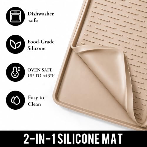 2 In 1 Silicone Coffee Bar Mat Accessories for espresso Machine with Detachable Dish Drying Rug Waterproof Kitchen Office House Gadgets Under Sink Drainer Supplies 16"x20" Beige (Beige / 20" x 16")