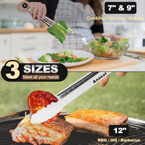 Premium Kitchen Locking Tong Set of 3 (7+9+12 Inch / 3 Pcs Stainless Steel - Black)