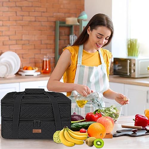 Quilted Double Decker Casserole Carrier (Black / 15.7 x 11.8x 8.7inch)
