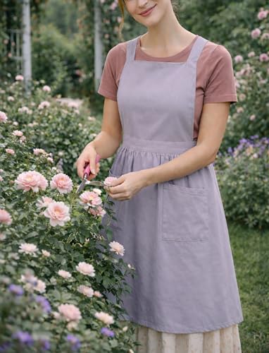 Cute Cotton Pinafore Aprons for Women with Pockets for Kitchen (Gray)