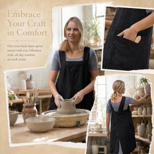 Cross Back Linen Cotton Apron with Pockets (3X-Large / Black)