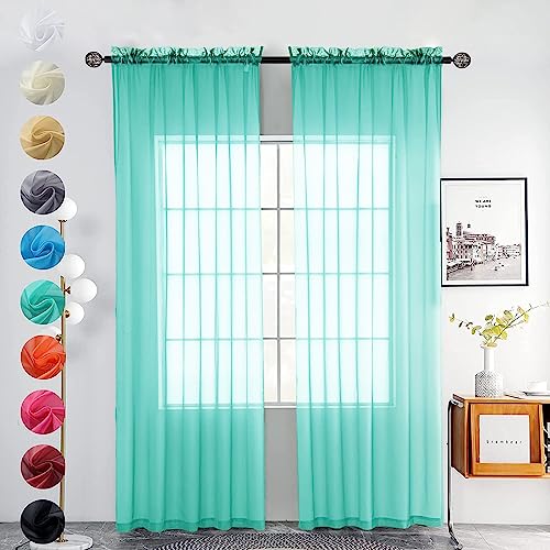 Solid Sheer Rod Pocket Curtain Voile Draperies 2 Panels White Beige Black Grey Coffee 52 Inch Width 54 Inch Long 1 Pair for Kitchen Bedroom Children Living Room Yard (Turquoise / 52"W x 54"L (Pack of 2))