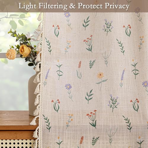 Floral Boho Semi Sheer Linen Blend Farmhouse Curtains 84 Inches Long 2 Panels Set Cute Flower Printed Drapes with Tassels Back Tab Rod Pocket for Living Room Bedroom (Flesh Pink / 50"W x 84"L (Pack of 2))