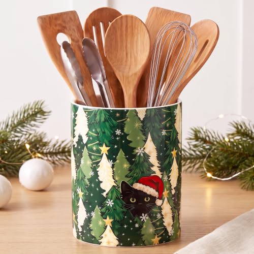 Christmas Tree & Black Cat Ceramic Utensil Holder (Christmas Tree Cat)