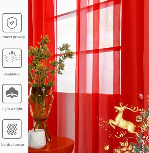 Solid Sheer Rod Pocket Curtain Voile Draperies 4 Panels White Beige Black Grey Ivory 52 Inch Width 90 Inch Long 1 Pair for Kitchen Bedroom Children Living Room Yard (Red / 52"W x 90"L (Pack of 4))