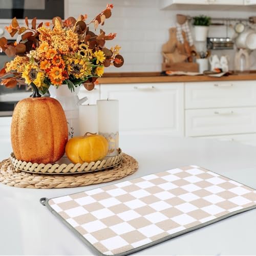 Dish Drying Mat for Kitchen Counter 16 x 24 Microfiber Absorbent Dish Drainer Rack Pads Fast Dry Mat Vintage Kitchen Decorations (16" x 24" / Checkered / Beige)