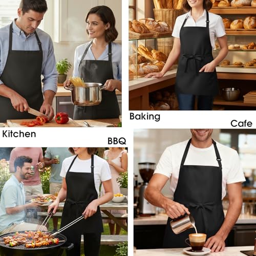 Kitchen Cooking Apron Unisex Adjustable chef apron with 3 pockets (02 Pack Long Black)