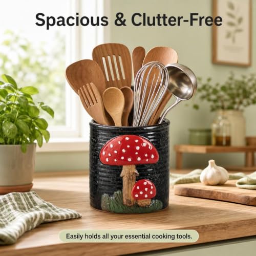 Mushroom Kitchen Utensil Holder For Countertop Ceramic Utensil Holder For Kitchen Counter Large Cooking Utensil Utensil Crock Holder Spatula Holder Utensil Organizer For Countertop