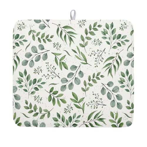 Sage Green Dish Drying Mat 16x18 In Absorbent Reversible Eucalyptus Leaves Plant Drying Mat Green Plant Dish Drying Rack Mat Spring Summer Themed Dish Drainer Mat for Kitchen Counter Coffee Bar (Sage Green / 16" x 18")