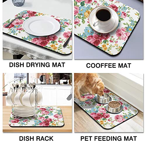 Coffee Bar Mat Accessories for Countertop Absorbent Hide Stain Rubber Backed Dish Drying Mats for Kitchen Counter Draining Pad Decor Gift (Pink Red Roses Floral / 18" x 24")