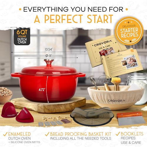 6 QT Enameled Cast Iron Dutch Oven for Bread Baking with Lid (6 Quart / Red)