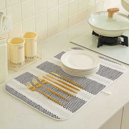 Boho Black Dish Drying Mat 18 x 24 inch Modern Geometry Polka Dot Striped Decorative Drying Mats Microfiber Absorbent Dish Washable Draining Mat for Kitchen Counter Decor (18" x 18" / Black Striped)