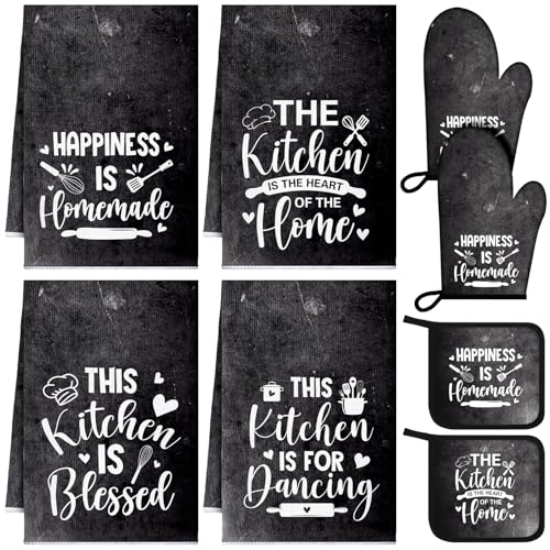 8 Pcs Kitchen Towels and Oven Mitts Sets Pot Holders Dishcloths Set Kitchen Decorative Accessories Absorbent Potholders Heat Resistant for Chef Baking Cooking (Black / Simple)
