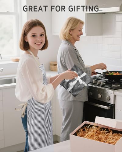 2 Pack Kitchen Apron with 2 Pockets for Women (Stripe Black Blue Pin / 2 Polycotton)