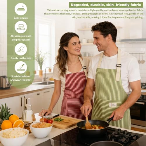 Aprons For women With Pockets Aprons For Soft Apron With An Adjustable Neck Strap (Thin Green Stripes + Thin Red Stripes)