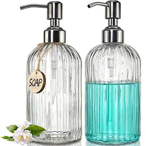 2PACK 18 Oz Glass Soap Dispenser with Rust Proof Stainless Steel Pump (Clear-2p / 2 Pack)