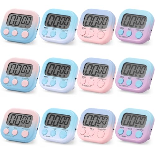 12 Pcs Digital Kitchen Magnetic Timer Bulk Classroom Count up Countdown Egg Timer Cute Desk Stopwatch for Back to School Teacher Kids Cooking Office (Gradient Style / Pink and Blue)
