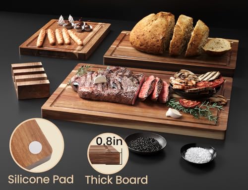 Set of 3 Large Acacia Wood Kitchen Cutting Boards with Holder (Wood-3pc-L / Brown)