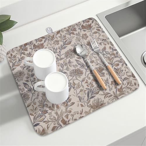 Vintage Floral Dish Drying Mat for Kitchen Counter Brown Antique Flower Microfiber Dish Drainer Mat Rustic Neutral Absorbent Washable Drying Pad 16"x18" (Vintage Floral / 18" x 16")