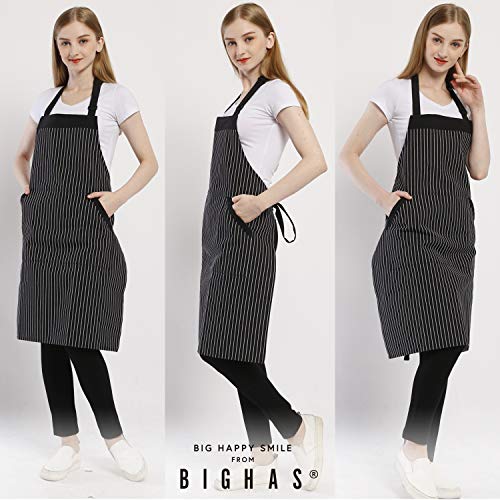 Adjustable Bib Apron with Pocket Extra Long Ties for Women Men (Bk&wh Stripes)
