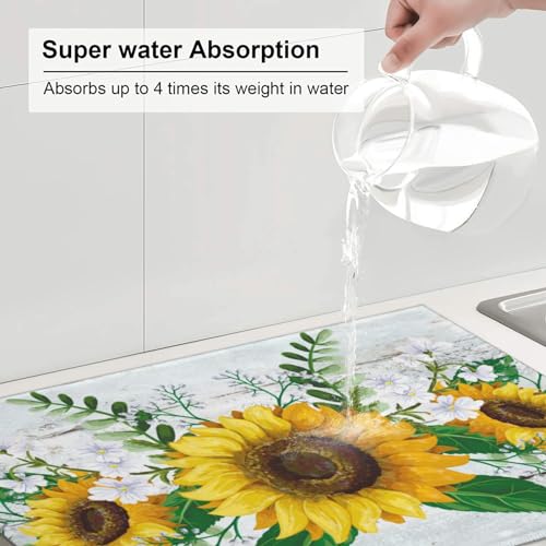 Sunflowers Dish Drying Mat XL Microfiber Kitchen Drying Mat Large Green Dish Drying Mats for Kitchen Counter Absorbent Quick Drying Pad 18x24 Inch (Sunflowers)