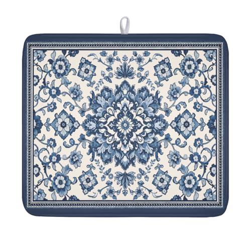 Blue Floral Dish Drying Mat for Kitchen Counter Vintage Flower Pattern Microfiber Dish Drainer Mat Rustic Farmhouse Absorbent Washable Drying Pad Extra Large 16"x18" (Vintage Blue Floral / 18" x 16")