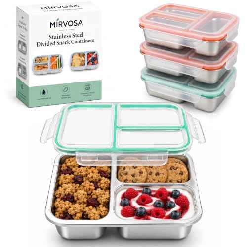 4 Pack 3 Compartment Stainless Steel Snack Containers with Lids for Kids