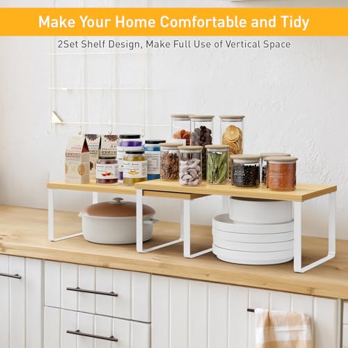 Cabinet Shelf Organizers (2pcs 7.8" D x 15.7" W x 5.31" H / White and Natural Beige)
