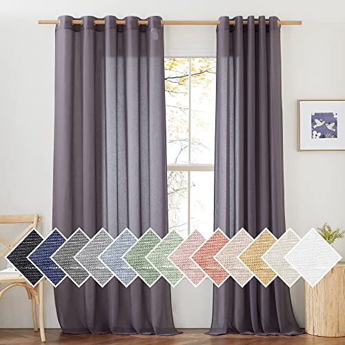Flax Linen Sheer Curtains for Patio Sliding Door (70"W x 84"L (Pack of 2) / Purple Brown)
